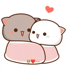 a cartoon of two cats hugging each other with a heart between them .