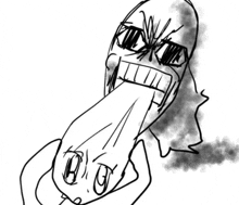 a black and white drawing of a person with their tongue out .
