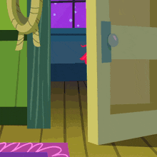 a cartoon drawing of a room with a door open