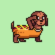a pixel art drawing of a dachshund wearing a hot dog costume with the word yes above it
