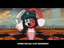 a cartoon character is dancing on a chess board with the words `` where the hell is my goodnight '' at the bottom .