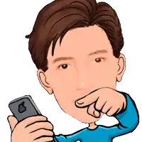 a cartoon of a man holding a cell phone and pointing at it