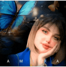 a woman in a blue jacket is surrounded by blue butterflies and the name mira is on the bottom