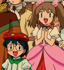 a girl in a pink dress is standing next to a boy in a red hat