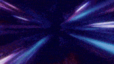 a girl with purple hair is flying through the air with a sword