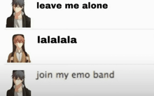 a picture of a man holding a guitar with the words leave me alone lalala join my emo band .