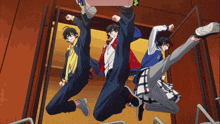 three anime characters are jumping in the air with their feet in the air