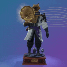 a statue of a fox playing a phonograph with a music note in the background