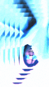a blue and white background with a blurred image of a person 's face
