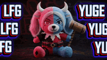 a red and blue teddy bear with horns is sitting in front of a sign that says lfg