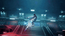 a video game character is flying through the air with a sword
