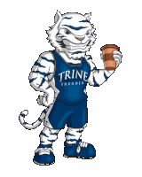 a tiger mascot for the trine thunder holding a cup of coffee