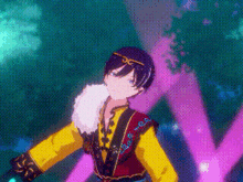 a person in a yellow and red outfit is standing in front of a purple light .