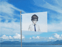 a flag with a picture of a boy in glasses on it