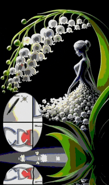 a woman in a white dress is surrounded by lilies of the valley