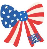 a red white and blue bow that says naidc 2025 on it