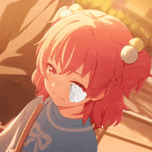 a girl with pink hair and a blue shirt with a butterfly on it