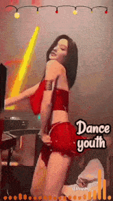 a woman in a red top and shorts is dancing with the words dance youth behind her