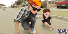 a cartoon of a man and a child riding a skateboard with the words gif jif on the bottom