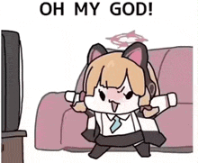 a cartoon girl with cat ears is sitting on a couch with her arms outstretched in front of a television .