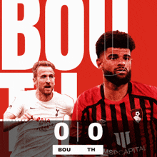 two soccer players on a red background with the score bou 0 th