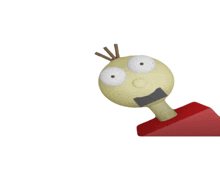 a cartoon character with big eyes and a red shirt is looking up