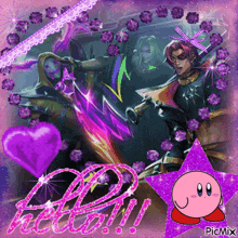 a picture of a man with a sword is surrounded by purple flowers and a pink star with the words hello written on it