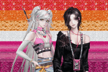 two anime girls are standing next to each other in front of a glittery background