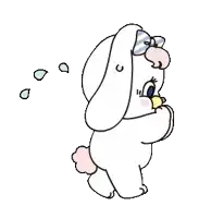 a cartoon bunny with a bow on her head is eating a banana .
