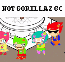 a group of cartoon characters are standing in front of a sign that says hot gorillaz gc