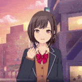 a girl in a school uniform with a red bow is standing in front of a building .