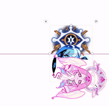 a drawing of a blue and pink cartoon character with a white x in the corner