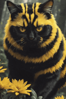 a black cat with yellow stripes on its fur sits next to some yellow flowers