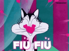 a cartoon cat with a heart in its mouth and the words fiu fiu written below it