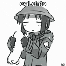 a black and white drawing of a girl in a helmet with the words evil - chito written on it