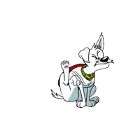 a cartoon dog wearing a red cape is standing in front of a red lightning bolt