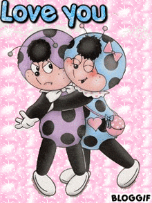 two ladybugs hugging each other on a pink background with the words " love you "