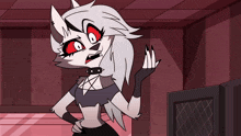 a cartoon drawing of a werewolf with red eyes and black nails