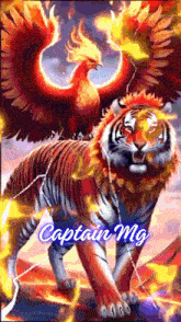 a painting of a tiger with a phoenix sitting on its head