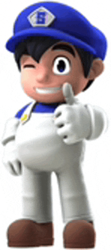 a cartoon character is giving a thumbs up while wearing a blue hat and white overalls .