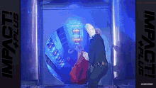 a man in a black cape is standing in a doorway with the word impact on it