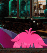 a cartoon character with pink hair is looking out a window at a bar