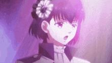 a girl with purple hair and a flower in her hair .