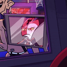 a cartoon character is looking at himself in a rear view mirror