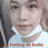 a close up of a person wearing a mask with the words el femboy de budin written in red