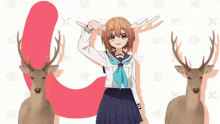 a girl in a school uniform with antlers is standing next to two deer