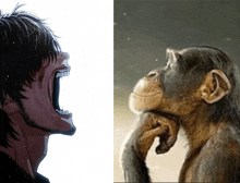 a cartoon of a man screaming next to a monkey thinking