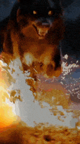 a painting of a wolf with glowing eyes running through the water