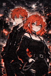 a boy and a girl with red hair are standing next to each other in front of a sign that says 7 = m