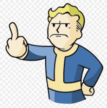 a cartoon of a man in a blue jacket giving a middle finger .